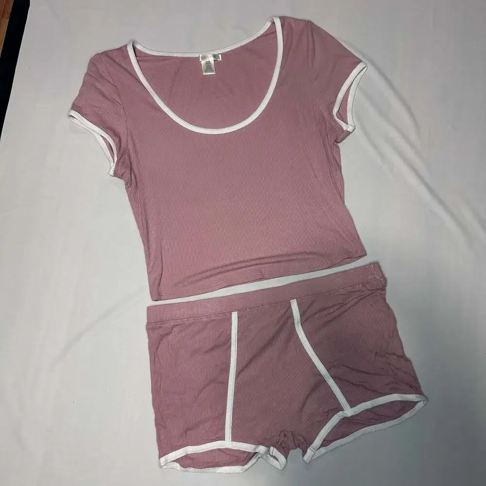 Bozzolo Women's Ribbed Ringer Crop Top and Shorts Lounge Set